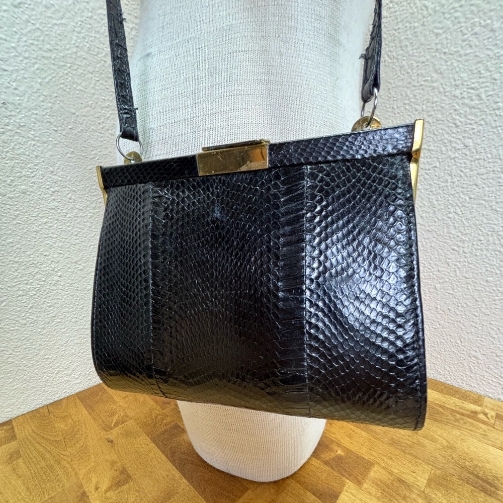 Vintage Black Genuine Lizard Skin Frame Bag - Suede Lined - Picture 2 of 13